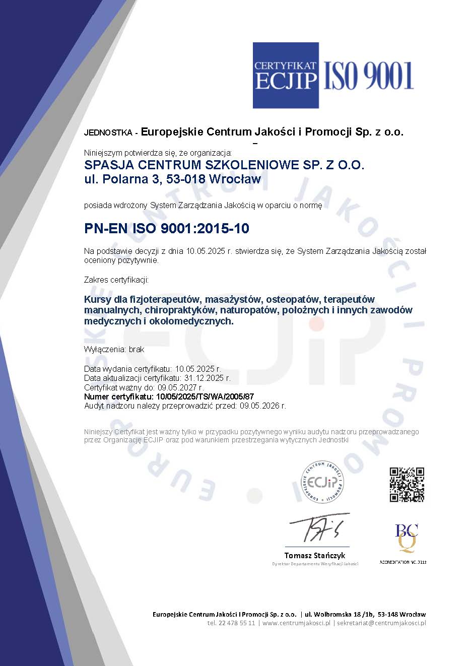 Certyfikat ISO SPASJA SPZOO